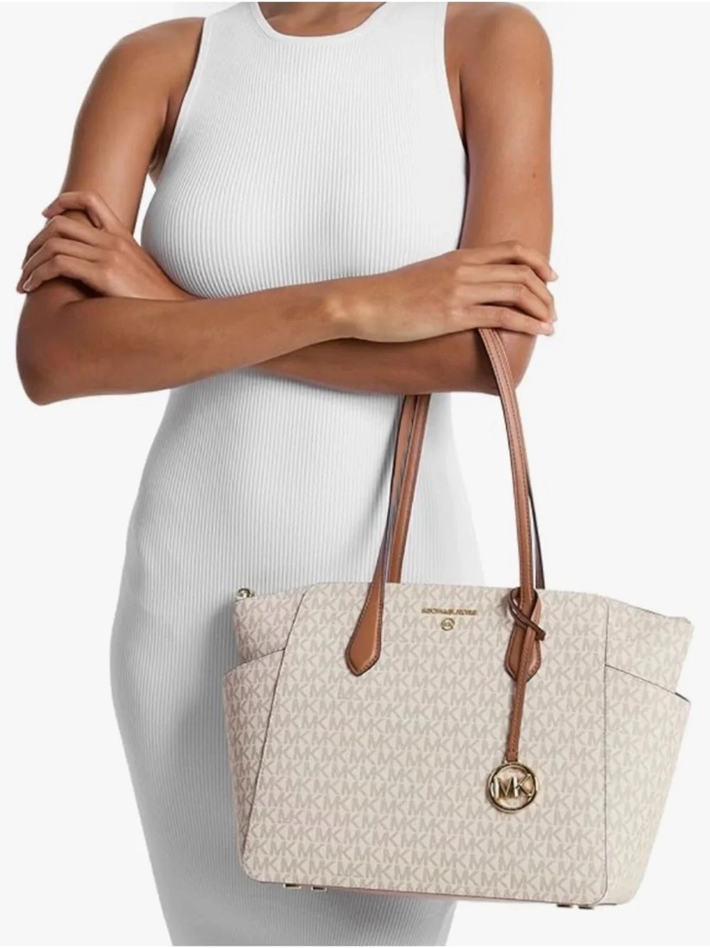 Michael Kors Cream Monogram Tote with Tan Leather Straps - Picture 13 of 14